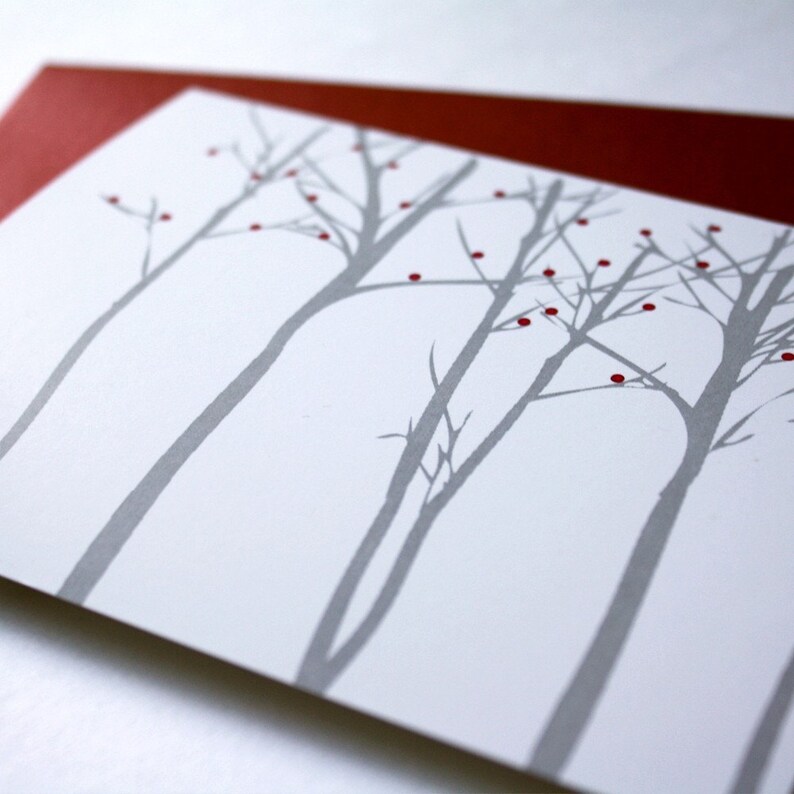 Set of 8 Holiday Card Set / Christmas Cards Silhouette Forest Red Berries image 3