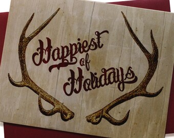 SALE! Set of 8 Christmas Card Set / Holiday Card Set - Antlers on Wood - Happiest of Holidays