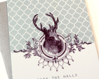 SALE! Set of 8 Holiday Card Set / Christmas Card Set - Deck the Halls - vintage deer head ornament background