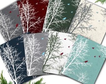 NEW! Set of 8 Christmas Holiday Card Set Winter Thank you - Multiple colors, texture background - Peaceful Silhouette Trees Birds