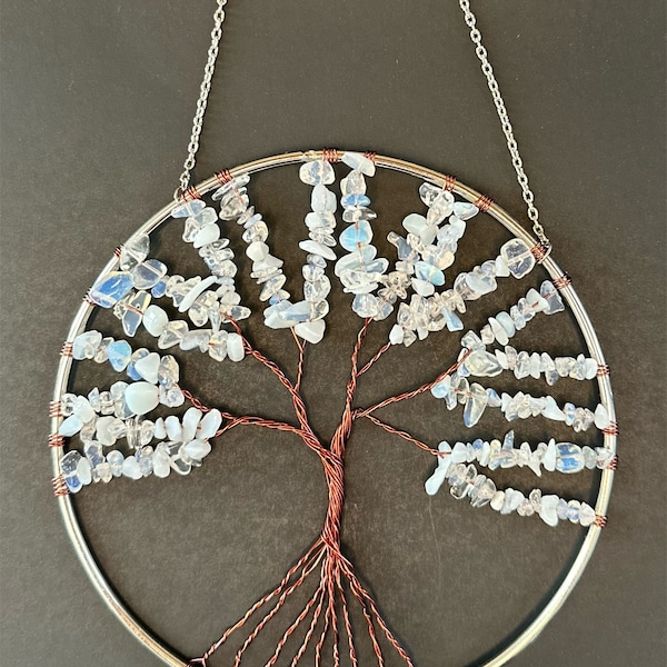 Unique Handmade Opal Quartz Crystal Tree of Life Sun Catcher, Twisted Wire Wrapped Tree