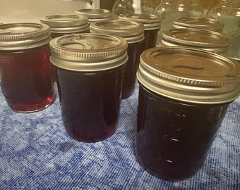 May include: Several glass jars filled with a dark purple liquid, likely preserves or jelly, are arranged on a blue patterned surface. The jars have silver lids and are partially visible, suggesting a homemade or artisanal product.