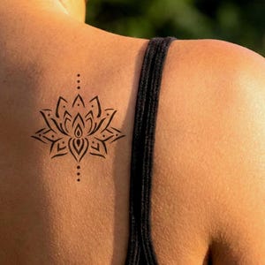Fine Line Lotus Tattoo - 2 Week Semi Permanent Mandala, Matte Midnight Blue Minimalist Temporary Tattoo, Realistic Fake Tattoo, Yoga Gift
