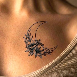 Tattoo Moon Flower - 2 Week Semi Permanent Crescent, Matte Midnight Blue Minimalist Temporary Tattoo, Realistic Fake Tattoo, Botanical Gift