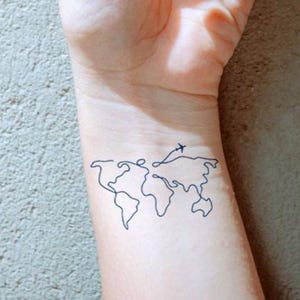 Minimalist World Map Airplane Temporary Tattoo, Fine Line Travel Planisphere Tattoo, Wanderlust Body Art, Realistic Matte Finish, Waterproof