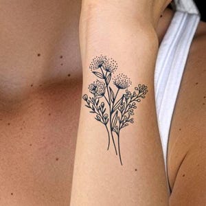 Fine Line Flower Tattoo - 2 Week Semi Permanent Bouquet, Matte Midnight Blue Minimalist Temporary Tattoo, Realistic Fake Tattoo, Wildflower