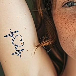 Heartbeat Heart Temporary Tattoo - Matte Midnight Blue, Lifeline Semi Permanent Tattoo, Waterproof Fake Tattoo, Romantic Gift for Her, Small