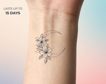 Crescent Moon Temporary Tattoo | Floral Moon Tattoo | Celestial Tattoo | Fine Line Flower Tattoo | Aesthetic Fake Tattoo