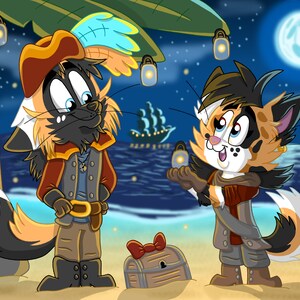 Pode incluir: Ilustração digital de dois gatos antropomórficos vestidos de piratas numa praia à noite. Um gato segura uma lanterna, o outro observa. Um baú de tesouro e um navio estão no fundo. A cena é iluminada pela lua cheia e lanternas.