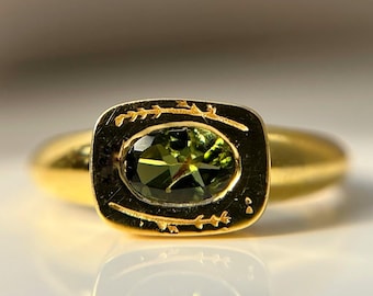 Secrets of Sapphire&quot; Gold Signet Ring | Unheated GREEN Sapphire | 14k Rose Gold |  Hand-Engraved Bezel Setting, Fine Jewelry, Gift for her