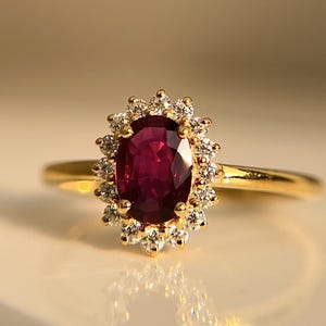 Vintage Ruby Halo Ring in 10K Gold – Diamond Accent Ruby Engagement Ring | Elegant Gemstone Jewelry | Gift for Her