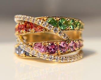 Rainbow Sapphire & Diamond Embellished Twist Gold Criss-cross Band, Handcrafted 14K Gold, Luxury Fine Jewelry, Statement Ring, Gift for her