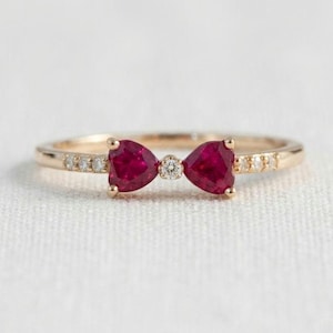 10k Gold Ruby Bow Ring | Heart Cut Ruby and Diamond Gold Band | Dainty Pave Stacking Ring | Minimalist Beautiful Jewelry | Gift for Her