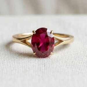 10k Gold Ruby Oval Ring | Split Shank Solitaire Engagement Band | Bold Red Statement Ring | Beautiful Wedding Jewelry | Gift for Her