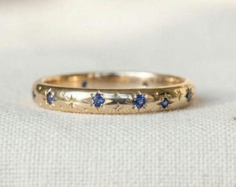 10K Gold Sapphire Star Ring | Celestial Stacking Band | Star Engraved Sapphire Ring | Vintage Starburst Jewelry | Gift For Her