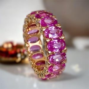 Blush Romance&#39; Pink Sapphire Eternity Ring in 14K Gold, Oval Pink Gemstone Band, Diamond Accent Stackable Ring, Anniversary or Wedding Gift