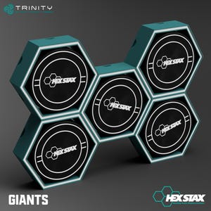 May include: A teal and white hexagonal display unit with six black and white pucks. Each puck has the text "HEX STAX" and a white border. The word "GIANTS" is at the bottom. The display is designed to hold hockey pucks.