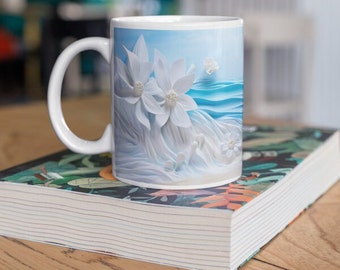 Mok met witte bloemen en oceaangolven samen tegen een blauwe lucht, keramische koffiemok, Lilly Flowers, 11oz, 15oz