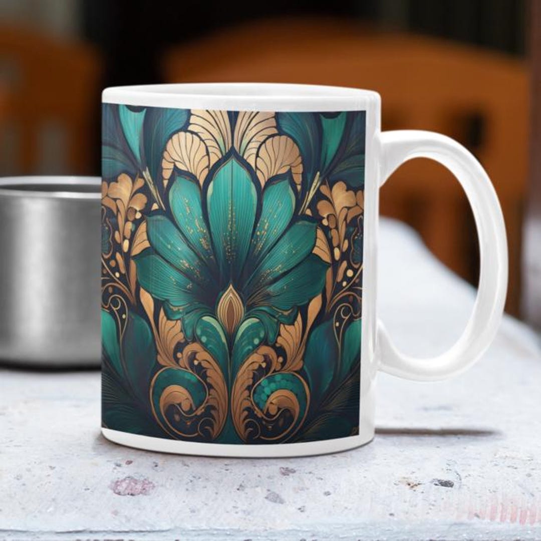 Teal and Gold Floral Art Mug | Elegant Ornamental Design - Etsy