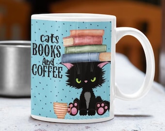 Schwarze Katzen Tasse | Gemütliches Buchliebhaber Geschenk