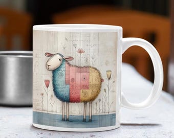 Patchwork Sheep Coffee Mug, Cottagecore Farm Animal Art