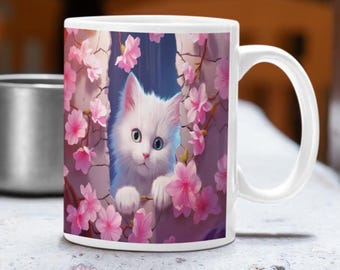Taza de café con gatito y flores de cerezo: regalo kawaii para amantes de los gatos Sakura
