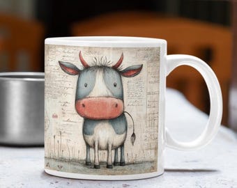 Taza de café con dibujo de vaca vintage, decoración rústica estilo campestre.