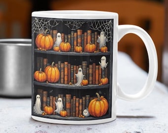 Halloween Bookshelf Coffee Mug | Spooky Ghosts & Pumpkins
