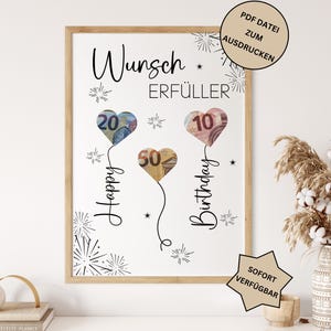Könnte beinhalten: Ein gerahmter Druck mit weißem Hintergrund zeigt herzförmige Ballons aus Währungen mit den Zahlen 20, 10 und 50. Die Worte "Happy Birthday" sind in Schrift geschrieben. Der Druck enthält auch den Text "PDF DATEI ZUM AUSDRUCKEN" und "SOFORT VERFÜGBAR".