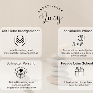 May include: A light beige graphic with the text "Kreativecke Lucy" and four informational boxes. The boxes contain icons and text in German, including messages about handmade items, custom requests, fast shipping, and gift-giving.