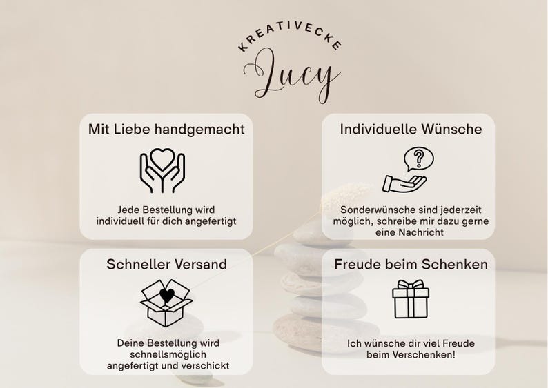 May include: A light beige graphic with the text "Kreativecke Lucy" and four informational boxes. The boxes contain icons and text in German, including messages about handmade items, custom requests, fast shipping, and gift-giving.