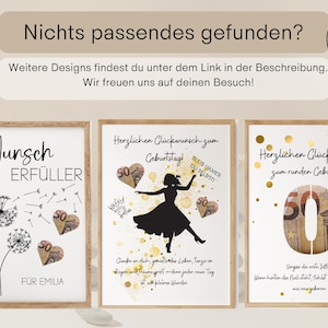 May include: Three framed art prints with wooden frames. The prints feature text and illustrations, including dandelions, a dancing silhouette, and a large number 50 made of money. The text includes German phrases.