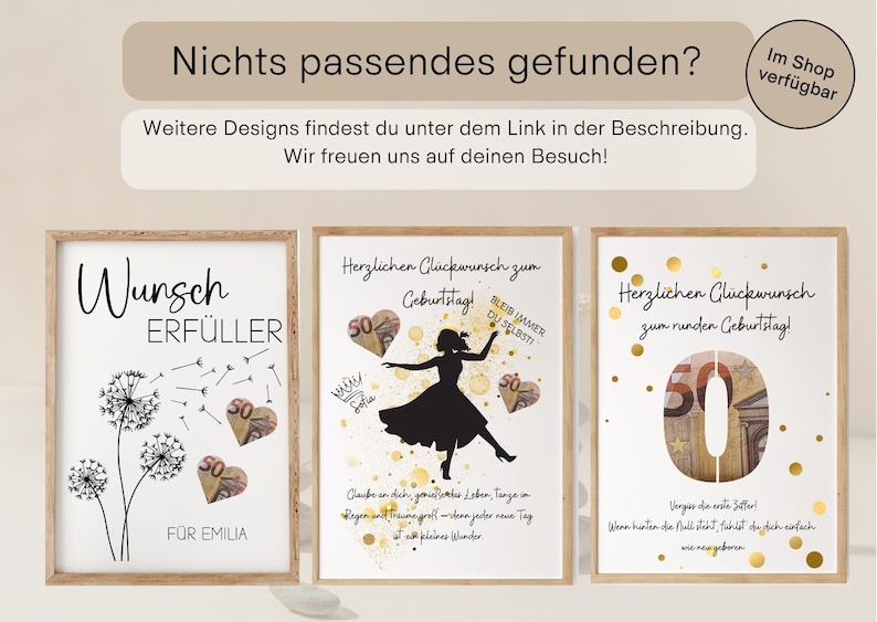 May include: Three framed art prints with wooden frames. The prints feature text and illustrations, including dandelions, a dancing silhouette, and a large number 50 made of money. The text includes German phrases.