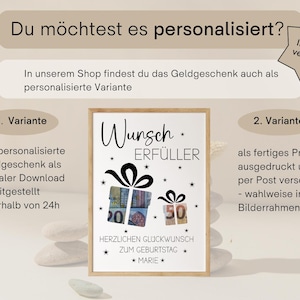 May include: A framed print with the words "Wunsch Erf&uuml;ller" and gift box illustrations. The print includes text in German, with the words "Herzlichen Gl&uuml;ckwunsch zum Geburtstag Marie". The background is a neutral beige.