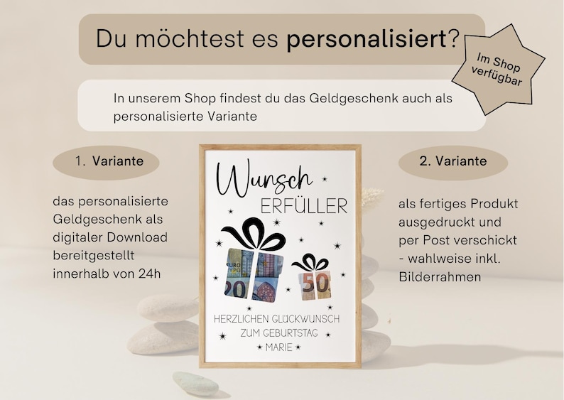 May include: A framed print with the words "Wunsch Erf&uuml;ller" and gift box illustrations. The print includes text in German, with the words "Herzlichen Gl&uuml;ckwunsch zum Geburtstag Marie". The background is a neutral beige.