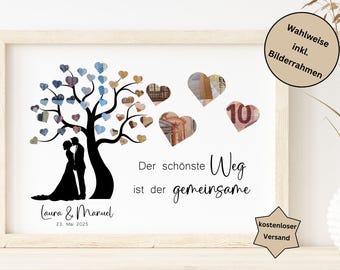 Könnte beinhalten: Gerahmter Kunstdruck für Hochzeiten mit einem Baum mit herzförmigen Blättern und Silhouetten eines Paares. Der Text "Der schönste Weg ist der gemeinsame" ist zu sehen, zusammen mit den Namen "Laura & Manuel" und dem Datum "23. Mai 2025".