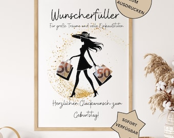 May include: A framed print with a silhouette of a woman carrying shopping bags with the number 50 on them. The print has gold accents and text in German that says "Wunscherfüller" and "Herzlichen Glückwunsch zum Geburtstag!" with a "PDF DATEI ZUM AUSDRUCKEN" and "SOFORT VERFÜGBAR" label.