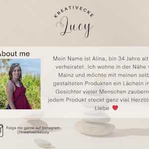 May include: A graphic with the text "KREATIVECKE Lucy" and "About me". It includes a photo of a woman in a red dress, text in German, and an Instagram logo with a username.