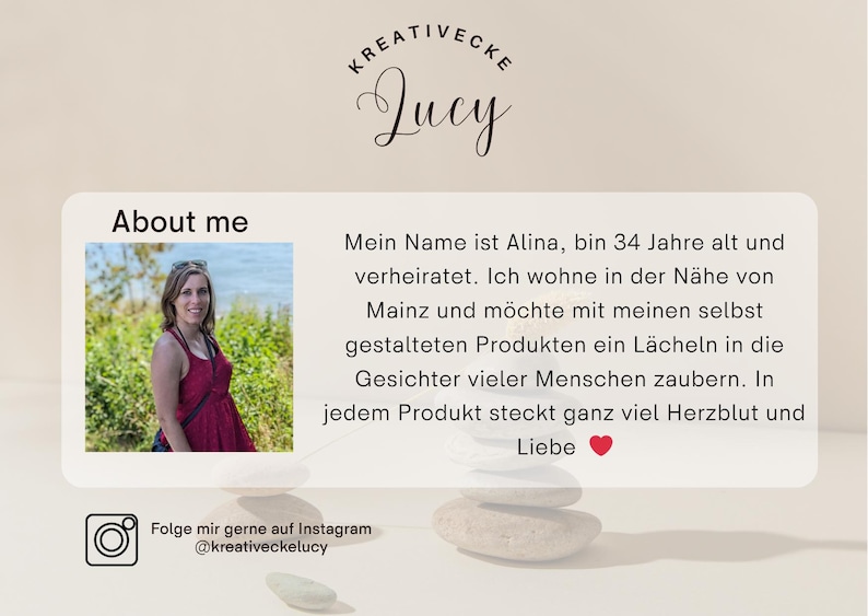 May include: A graphic with the text "KREATIVECKE Lucy" and "About me". It includes a photo of a woman in a red dress, text in German, and an Instagram logo with a username.