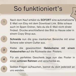 May include: A beige instructional graphic with the text "So funktioniert's" and numbered steps. The steps describe how to use a product, including printing, cutting, and framing. A star-shaped graphic says "SOFORT verf&uuml;gbar".