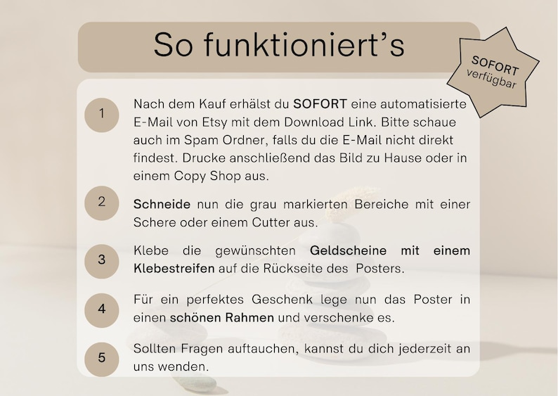May include: A beige instructional graphic with the text "So funktioniert's" and numbered steps. The steps describe how to use a product, including printing, cutting, and framing. A star-shaped graphic says "SOFORT verf&uuml;gbar".