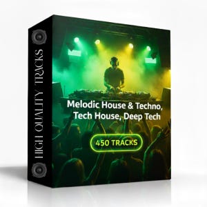 Op de afbeelding: Een zwarte doos met een DJ op het podium onder groene en gele lichten. De doos toont de tekst "Melodic House & Techno, Tech House, Deep Tech" en "450 TRACKS". De zijkant van de doos zegt "HIGH QUALITY TRACKS".