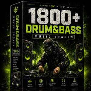 Puede incluir: Una caja negra con el texto 1800+ DRUM&BASS MUSIC TRACKS en verde lima y blanco. El diseño incluye un gráfico de una persona con gorra y máscara operando una mesa de mezclas DJ, flanqueada por altavoces e iconos de soporte y descarga.