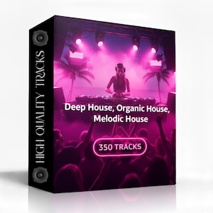 Può includere: Una scatola nera con la scritta "HIGH QUALITY TRACKS" sul lato. La parte anteriore presenta un DJ a una console con le parole "Deep House, Organic House, Melodic House" e "350 TRACKS" in un bagliore al neon rosa.