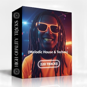 Peut inclure: Boîte de produit avec une image éclairée au néon d'une personne portant des lunettes de soleil et un casque. La boîte affiche "HIGH QUALITY TRACKS" sur le côté et "(Melodic House & Techno)" et "220 TRACKS" sur le devant. La personne sourit avec des dents en or.