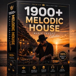 Może przedstawiać: Pudełko produktu dla kolekcji muzycznej zatytułowanej "1900+ Melodic House Music Tracks Collection". Pudełko przedstawia DJ-a przy konsoli mikserskiej z tłem zachodu słońca. Tekst zawiera "100% bez tantiem", "Natychmiastowe pobieranie" i "Najwyższa jakość".