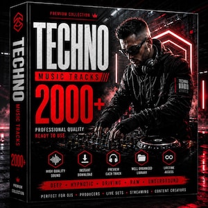 Pode incluir: Uma caixa preta com o texto "TECHNO MUSIC TRACKS 2000+" em branco e vermelho. Uma pessoa usando óculos de sol e fones de ouvido opera uma mesa de mistura de DJ. A caixa inclui ícones e texto como "High Quality Sound".
