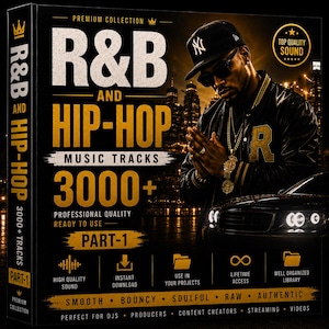 Könnte beinhalten: Schwarze Box mit der Aufschrift "R&B and Hip-Hop Music Tracks" und dem Text "3000+". Das Cover zeigt einen Mann mit schwarzer Kappe und Jacke. Zusätzlicher Text enthält "Professional Quality" und "Part-1".