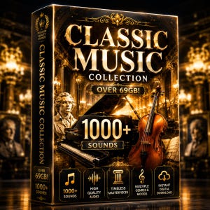 May include: A product box for the "Classic Music Collection" featuring gold lettering and imagery. The box displays a grand piano, a violin, and a portrait of a composer. Text includes "Over 69GB!" and "1000+ Sounds."