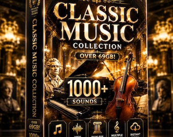 May include: A product box for the "Classic Music Collection" featuring gold lettering and imagery. The box displays a grand piano, a violin, and a portrait of a composer. Text includes "Over 69GB!" and "1000+ Sounds."